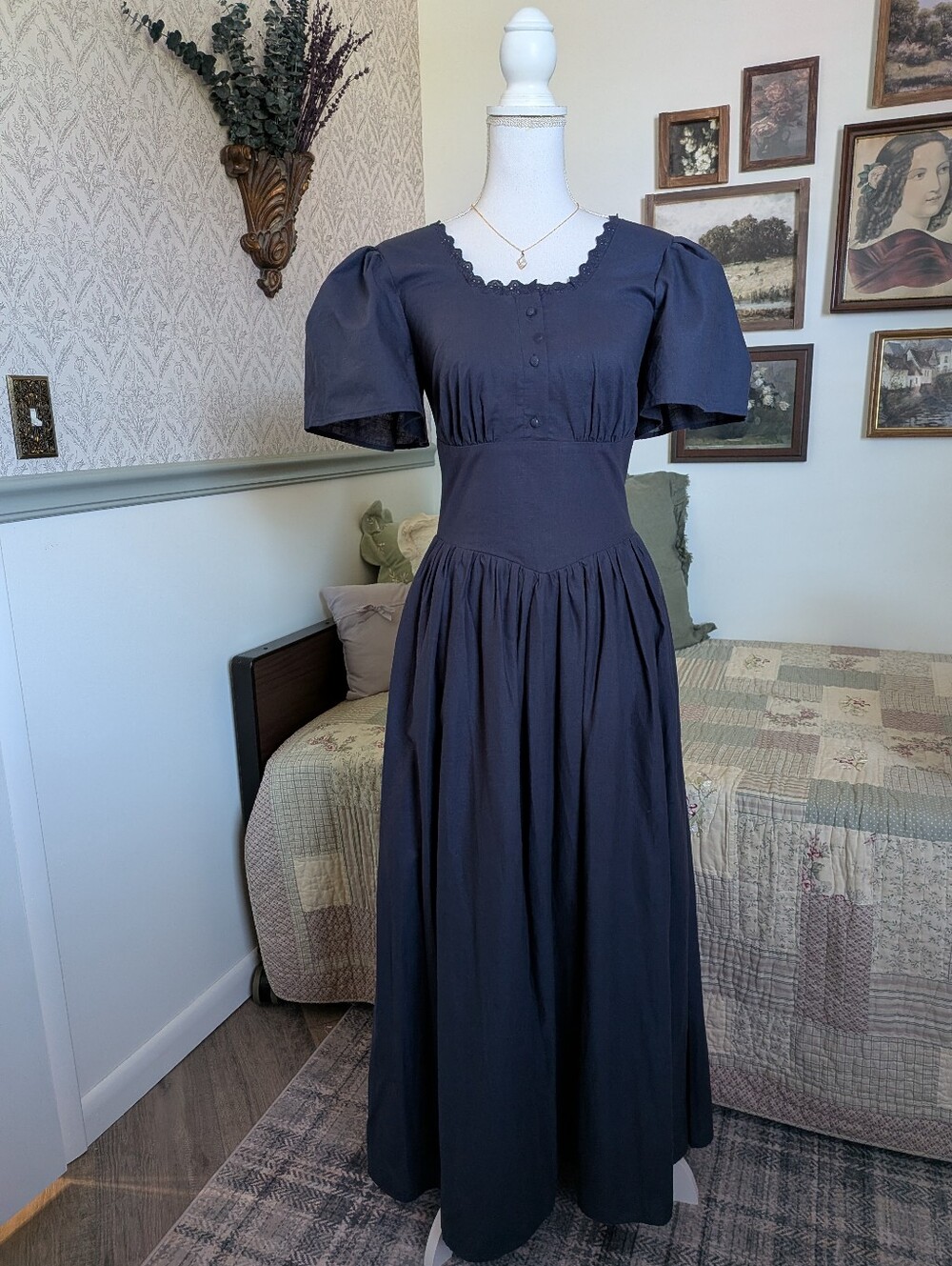 Poet Hymn Dress M Midnight Navy Cotton Linen Corset Maxi